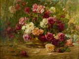 a painting of roses in a vase on a table