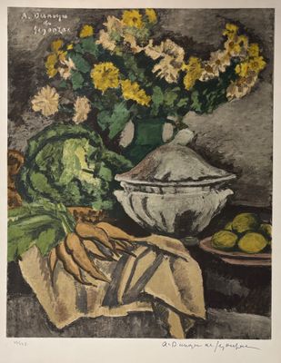 une photo d'un tableau représentant des fleurs et des fruits posés sur une table