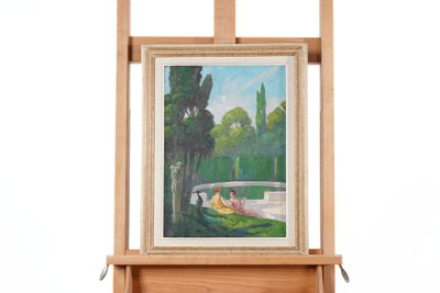 a picture of a painting hanging on a wooden easel