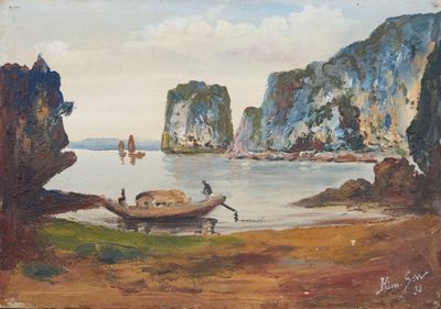 une peinture représentant un bateau sur un plan d'eau