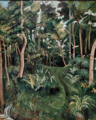une peinture à l'huile représentant une scène forestière traversée par un ruisseau