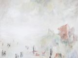 tableau représentant des personnes marchant sur une plage, avec des bateaux dans l'eau