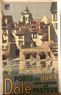 une photo d'une affiche représentant une ville au bord de l'eau