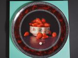 painting of a bowl of strawberries on a plate on a table