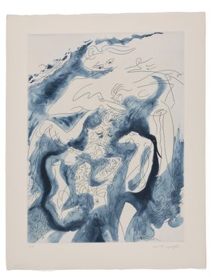 un dessin en bleu et blanc représentant une femme tenant un chat