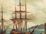 a painting of a ship in the water with other boats in the water