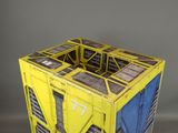 a yellow box with a blue and yellow design on it
