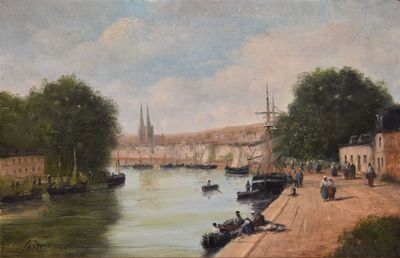 un tableau représentant une scène fluviale avec des bateaux sur l'eau