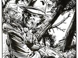un dessin en noir et blanc représentant un homme assis sur une chaise sous un arbre