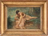 une peinture à l'huile représentant une femme nue assise par terre