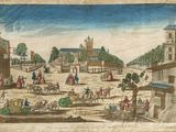an old drawing of a town with people and horses in the foreground