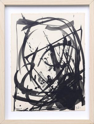 an image of a black and white abstract painting in a wooden frame