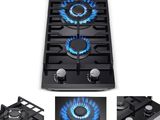 three different views of a gas stove with blue flames on it