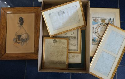 a box full of old papers and pictures on the floor
