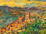 painting of a painting of a mountain village with a bird flying over it