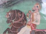 a painting of a man riding a horse with a woman on it