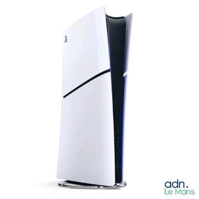 a white and blue computer on a stand on a white surface