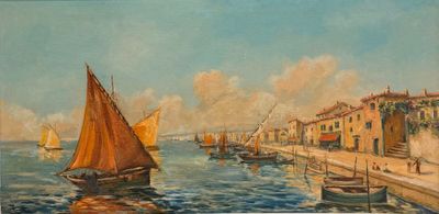 une peinture représentant une scène portuaire avec des bateaux dans l'eau