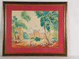 framed painting of a desert scene with palm trees and a mosque