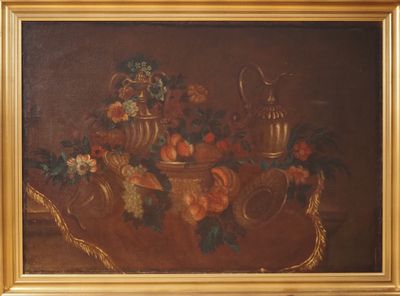peinture d'une nature morte de fleurs et de fruits sur une table