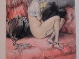painting of a nude woman sitting on a couch with a dog