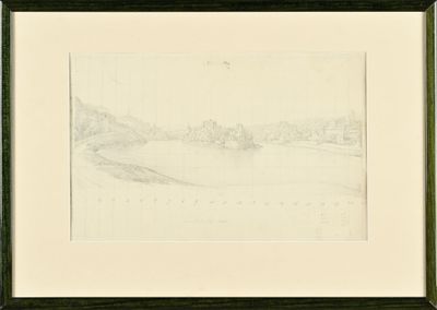 dessin représentant une vue sur une rivière avec un pont au loin