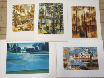 four watercolor paintings of trees and a lake on a tile floor