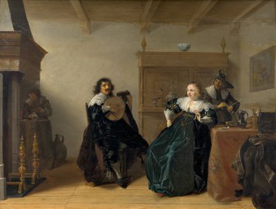 painting of a man and a woman playing a musical instrument in a room