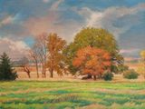 an oil painting of a field with trees and a barn in the distance