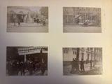 several old black and white photos of people standing in front of a building