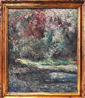 an oil painting of a river in a wooded area with trees in the background