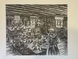 a black and white drawing of a group of people eating at a table
