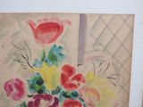 a painting of flowers in a vase on a table