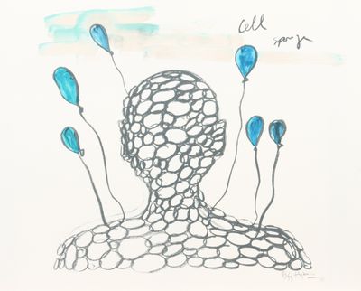 dessin représentant un homme avec des ballons bleus dans la tête