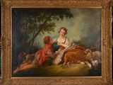 une peinture à l'huile représentant une femme et deux enfants dans un décor boisé