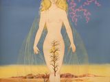 a painting of a woman standing in a desert area