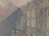 une peinture représentant une scène de rue avec des bâtiments en arrière-plan