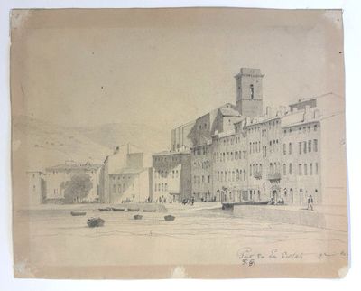 drawing of a view of a large building with a clock tower