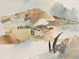 une aquarelle représentant un paysage de montagne avec des arbres