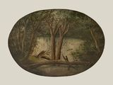 a picture of a painting of a river in the woods