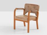 two wooden chairs with brown leather upholstered on a white surface