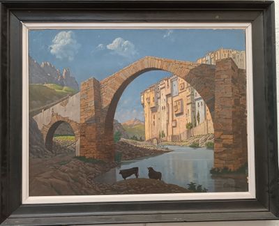 une image d'une peinture représentant un pont sur une rivière
