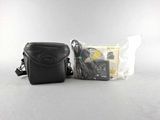 a black camera bag with a camera attached to it