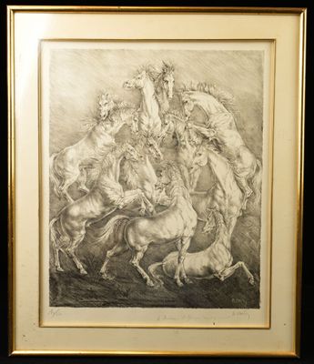 dessin représentant un groupe de chevaux dans un champ, avec un homme à cheval