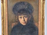 a painting of a young girl wearing a hat and black coat