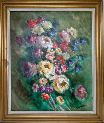 painting of a bouquet of flowers in a gold frame on a green background