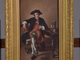 painting of a man in a red coat sitting in front of a table