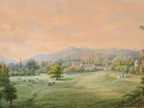 un tableau représentant un champ avec un château au loin