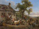 painting of a group of people and animals outside a house