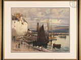 an image of a painting of a harbor scene with boats in the water